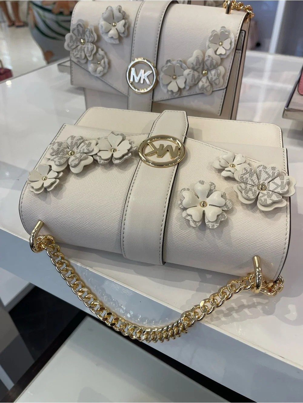 MICHAEL KORS Greenwich Sm Embellished Signature Logo Trim Crossbody Lt Cream NWT